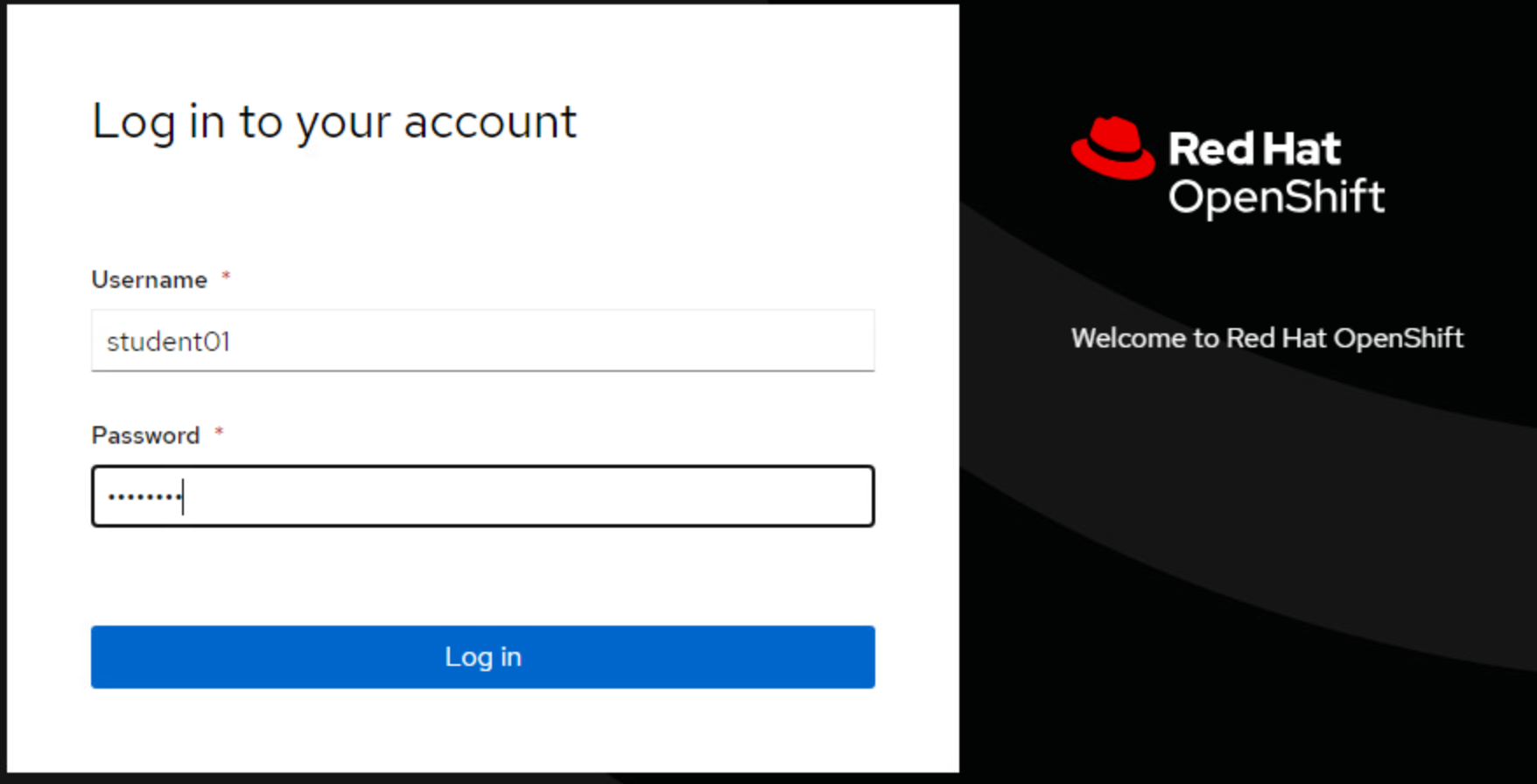 OpenShift login with student01 through student20 with password Passw0rd